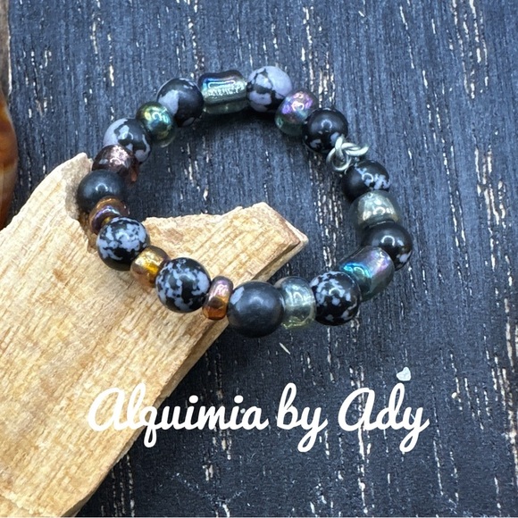 Snowflake obsidian beaded bohemian ring band - Picture 1 of 2